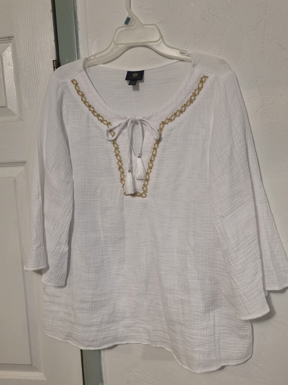 White Gauze Tunic Top with Gold Trim and Tassel Tie